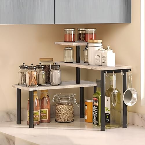 Image of ABJA Stylish Wooden Rack for Kitchen Storage, Corner Shelf for Kitchen Organizer, 3 Tier Spice, Oil Stand, Tabletop Adjustable Rack for Makeup, Office (Classic Beige, 3 Tier Corner)
