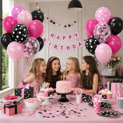 Image of TONIFUL 100 Pack Black and Pink Polka Dot Latex Balloons for Girl's Birthday Bachelorette Bridal Baby Shower Graduation Engagement Girls Night Rock Party Decor