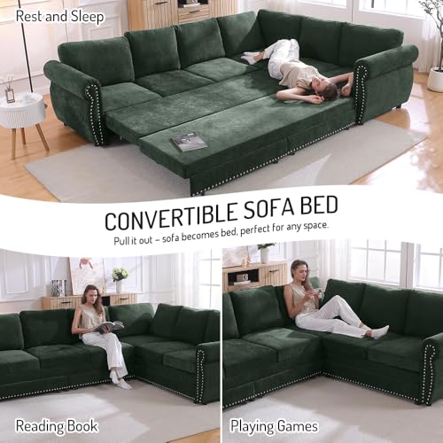 Image of KEIKI Chesterfield Couches 118 inch L-Shaped Sectional with Pull Out Sofa Bed, Rolled Arm Upholstered Sofa 6 Seater Couch for Living Room Apartment Office, Green