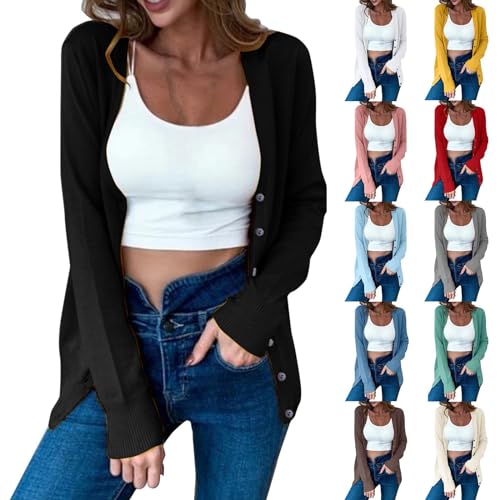 Prime The Day Deals Today 2024,Black for Women,Women's 2024 Lightweight Button Down Long Sleeve Casual Crew Neck Soft Knit Fall Sweater,Fall Outfits for Women 2024,Black,Large