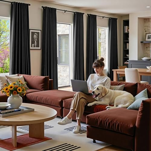 Image of Extra Long Black Velvet Curtains Grommet 52x108 Inch 2 Panels | Soft Velvet, For Tall Windows & High Ceilings, Light Shifting Texture, Elegant Drape, Classic, Rod Pocket
