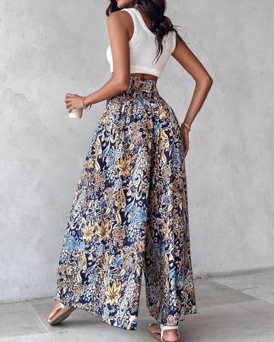 Boho Vintage Print High Waist Elastic Waistband Slimming Wide Leg Pants Loose Fit Casual Vacation Trousers Style 12