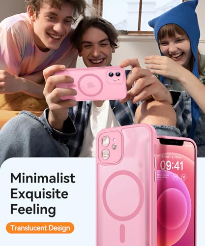 Image of CANSHN Magnetic Compatible with iPhone 12 Case, Upgraded [Full Camera Protection] [Compatible with Magsafe] [Translucent Matte] Shockproof Protective Phone Case Cover 6.1 Inch - Pink