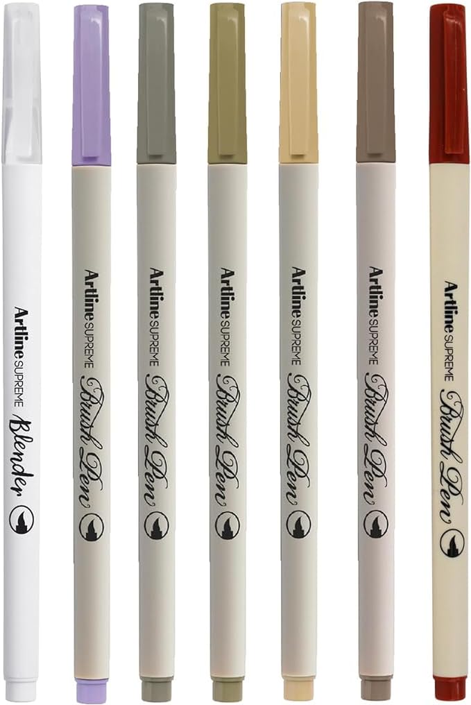 SUPREME Brush Pens | AP Certified Safe for Kids | Blur Resistant Ink | EPFS-F | Flexible Brush Nib Creates Unique Wide & Fine Lines | Assorted Earth 7-Pack