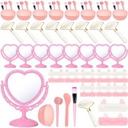 8 Set Spa Party Supplies 8 Heart Shaped Mirrors 8 Jade Roller 8 Face Mask Mixing Bowl 8 Headband for Sleepover Birthday Party Favors