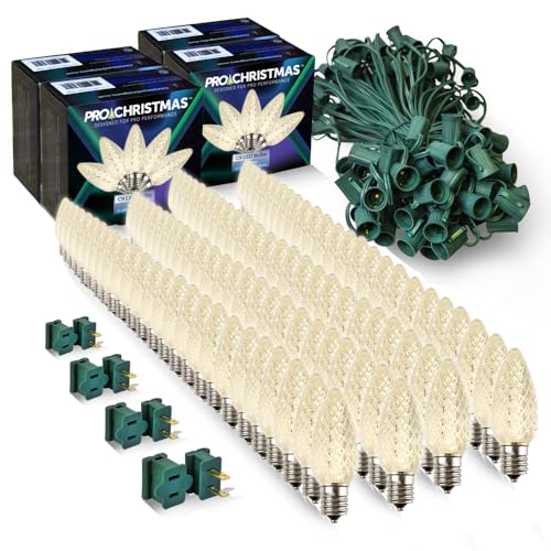 Pro Christmas C9 LED Christmas Light Kit for Rooflines & Pathways – DIY Cut to Length, Outdoor Commercial Grade (Green Wire w/Vampire Plugs, 100 Bulbs, 100 ft) Warm White