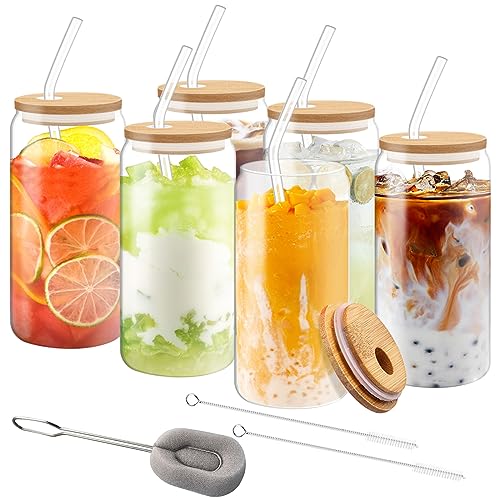 6 pezzi Bicchiere da Birra con Coperchio e Cannuccia,500 ml Tazza da Caffè Ghiacciata,Tazze in Vetro a Forma di Lattina,Riutilizzabile,per Cocktail,Frappè,Succhi,Frullati,Birre - immagine 3