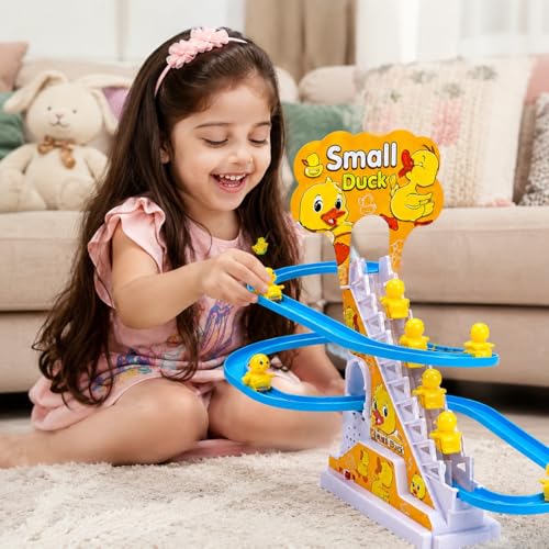 Image of KmCho Duck Track Toy for Kids, Automatic Stair Climbing Duck Set with Flashing LED Lights & Music, Cartoon Duck Escalator Race Track Toy, Educational Battery Operated Toy for Boys & Girls