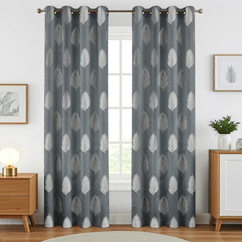 Image of FRESH FROM LOOM Premium Anti-Wrinkle Curtains | 9 Feet Long | 80% Sun Block | Elegant Jacquard Fabric for Doors & Windows, Luxury Curtain (9ft, Grey Leaf, 2pc Set)