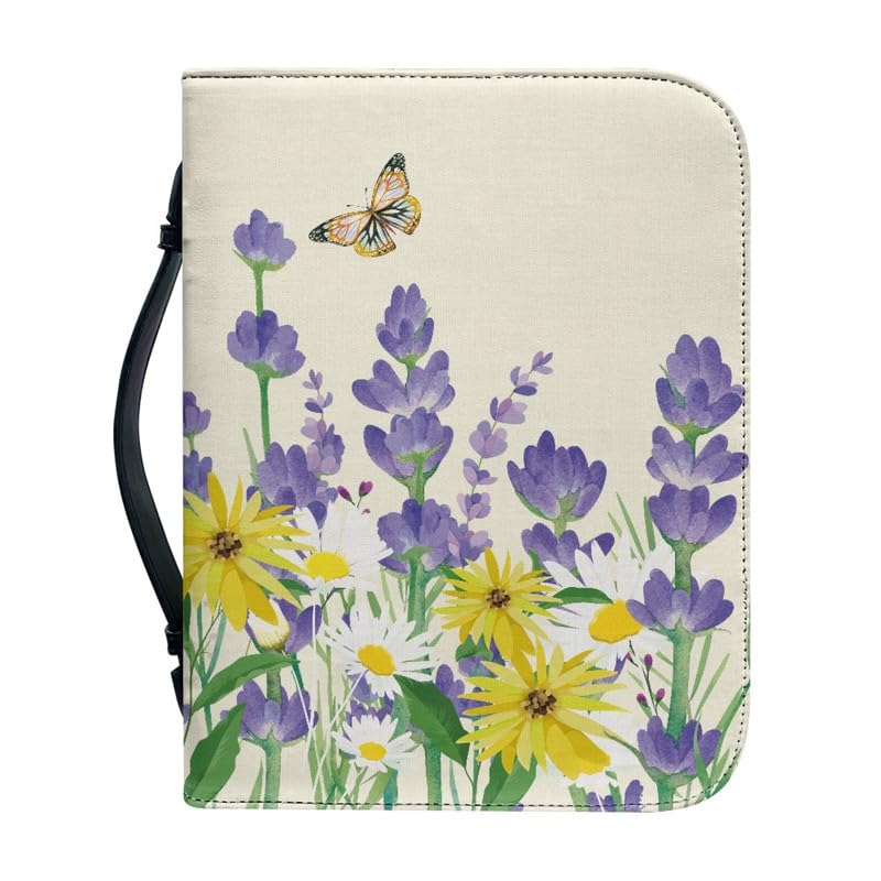 Kuiaobaty Painting Flowers Handle Bible Bag Case with Zipper, Purple Yellow Floral Book Covers for Paperbacks Protective Cover for Women — image 1
