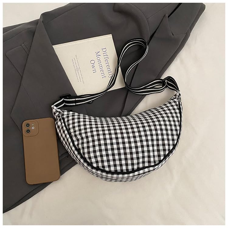 Women's Checkered Nylon Crescent Crossbody Bag Adjustable Strap Large Capacity Travel Purse2