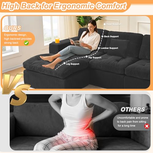 Image of Modular Sectional Sofa, 105 inch L Shaped Comfy Cloud Couch with Deep Seat, Boneless Couch for Living Room, Corduroy Modular Sofa with Chaise and Cup Holders, No Assembly Required, Black | Comfy Cloud Couch