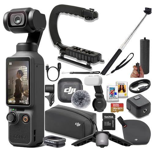 DJI Osmo Pocket 4 Creator Combo 4K/240fps Vlog Camera 3-Axis Stabilization Active Track 7.0 Mic + Fill Light Included + 128GB Memory Grip U Grip Selfie Stick + More
