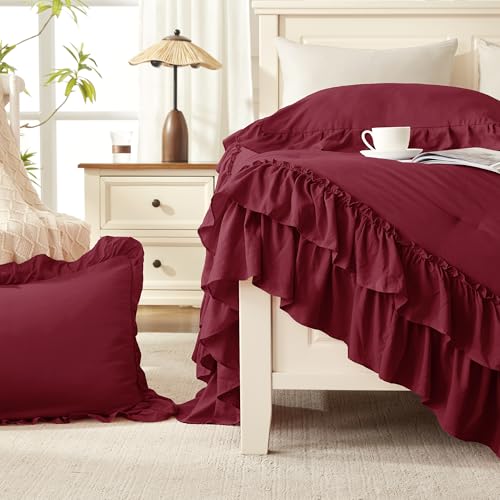 Image of Andency Burgundy Twin Size Comforter Set(66x90Inch), 2 Pieces(1 Ruffle Comforter and 1 Pillowcase) Lightweight Fluffy Bedding Comforter Sets for Teenagers, All Season Soft Polyester Bedding Set