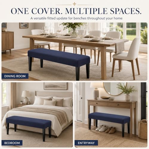 Image of Street27 High Stretch Jacquard Dining Bench Cover Elastic Chair Covers - Anti-Dust Removable Bench Slipcover Washable Bench Seat Protector Cushion Cover for Living Room, Bedroom, (Navy Blue)