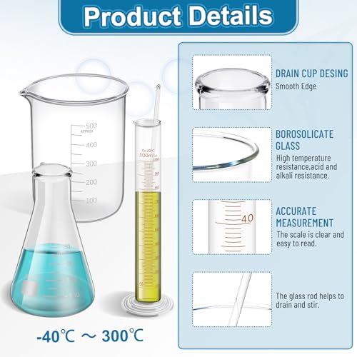 creahub 15 Pcs Glass Measuring Beaker 50/100/500 ml, Glass Flask 50/100/250 ml, Graduated Cylinder 10/50/100ml with 1 Brush, 2 Diameter and 2 Droppers for Science Lab - Thumbnail 4
