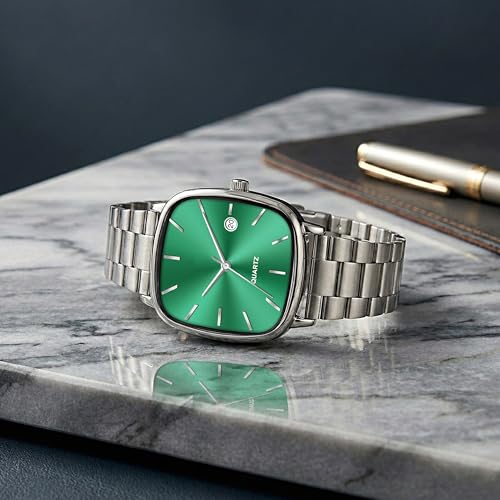 Image of Acnos Luxury Square Dial Quartz Watch for Men & Women - Stainless Steel Bracelet, Minimalist Analog Wristwatch with Date Window Pack of 1