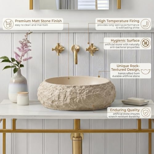 Image of BASSINO 20x15x6 Inches Artificial Stone Table Top Washbasin /Ivory-Beige Stone Texture Luxury Countertop Sink /Modern Rock Finish Wash Basin for Home-Hotel /Designer Oval Shape Basin for Bathroom(Matt)