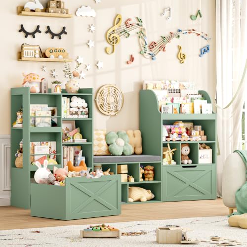 FINETONES 75&rdquo; W Kids Bookshelf with Reading Nook, Large Toy Storage Toy Organizer with Seat...