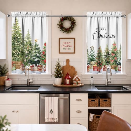 Image of Christmas Tree Kitchen Curtains 3 Piece Set Tier Valance