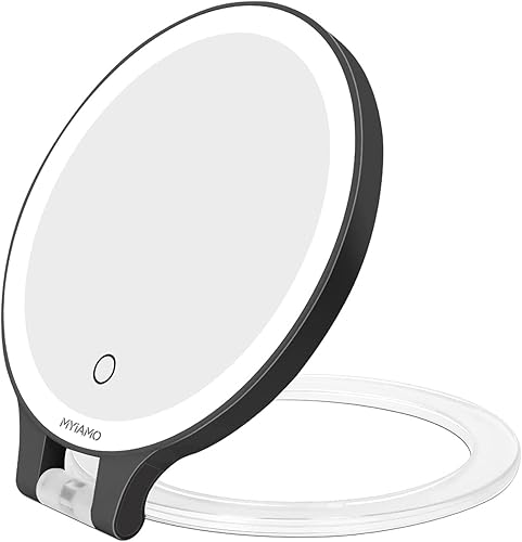 MYIAMO Espejo de maquillaje con luces, espejo de aumento iluminado de doble cara 10X1X con 3 modos de iluminación de color, espejo de mesa con mango