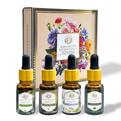 Image of Luxurious Essential Oil Box of 4 by - TEA TREE,SPEARMINT,LEMONGRASS,EUCALYPTUS|100% Pure,Natural,Highly Concentrated|Therapeutic and Ultra Premium Grade Oils Set for Home Diffusers, Skin Care, Aromatherapy, Bath, Massage,Humidifiers, Gifting,Soap and Candle Making | 4 x 10 ml