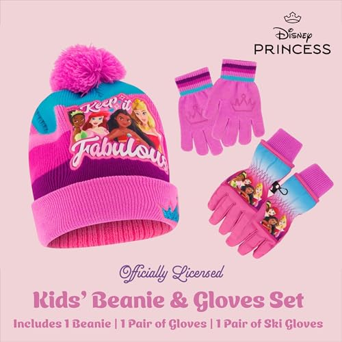 Disney Girls Winter Hat with Knit Gloves and Insulated Ski Glove Set, Princess For Ages 4-72