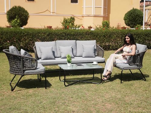 Image of DEVOKO Outdoor Patio Furniture Set, Rope Conversation Sofa Set with Glass Coffee Table, for Garden, Backyard,Terrace (Gray and Gray)