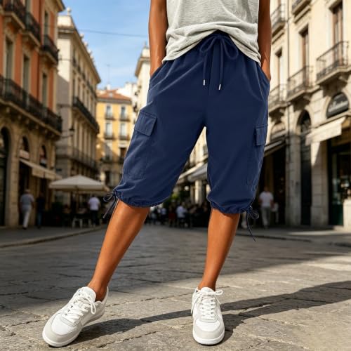 Pantalones cargo de verano cómodos transpirables monocolor con corte capri ajustado 3