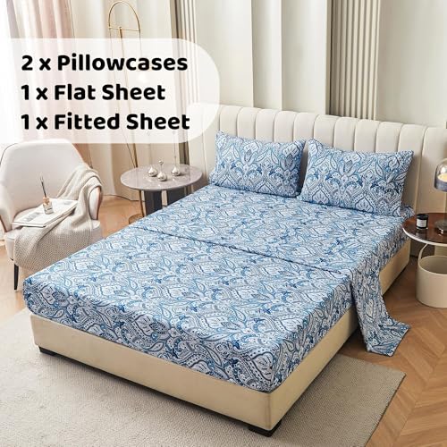 Image of Softan Blue Paisley Printed Bed Sheets King Size, Floral Sheet Set King, Brushed Polyester Microfiber Fitted Sheet with 15 inch Deep Pocket & Non-Slip Straps, Blue Flower Patterned Sheet & Pillowcase Sets