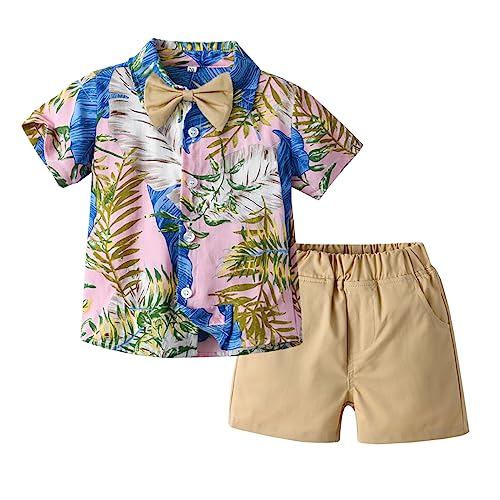 Image of Toddler Baby Boy Summer Clothes Set Floral Shirt Bow-tie Shorts Hawaiian Outfit