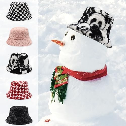 Image of Bucket Hat Women Furry Fuzzy Bucket Hats for Ladies, Winter Warm Fluffy Plush Faux Fur Hat for Women