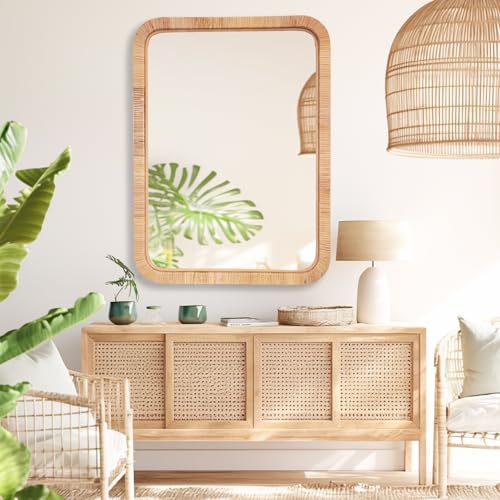 Rattan Mirror,Rectangle Boho Bathroom Mirror for Wall,22x30 Wicker Vanity Mirror for Nursery Décor,Coastal Farmhouse Wood Mirror for Bedroom Entryway Living Room - Image 2