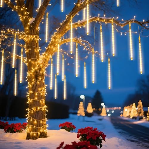 Aigostar Luces de Navidad de Lluvia de Meteoritos， 8 Tubos 30 cm， Blanco Cálido， 192 LEDs， Impermeable para Interior y Exterior de Árbol de Navidad， Patio， Fiestas