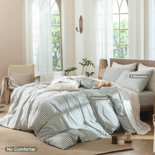 Image of MooMee Striped Duvet Cover Set 100% Washed Cotton Linen Like Cal King | Relaxed Linen-like Texture. Soft, Breathable & Long-lasting Comfort. Lightweight. Hidden Zipper with 8 Interior Corner Ties