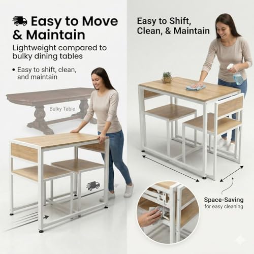 Image of FFO 2 Seater Dining Table Set for Home, Compact Space Saving Dining Table with 2 Chairs, Metal Frame & Engineered Wood Top, Modern Kitchen Table Set for Dining Room, Apartment & Small Spaces