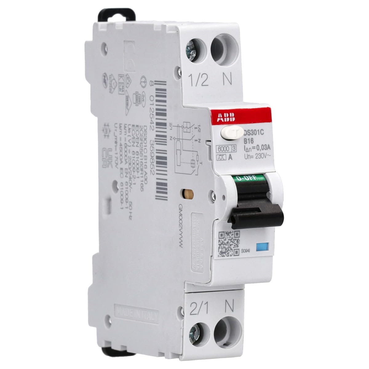 ABB DS301C B16 A30 RCBO – FI/LS-Schalter 16 A, 30 mA, 6 kA, B-Charakteristik, Typ A, 1P+N, 1 Teilungseinheit, Kombischalter für Hutschiene 2CSR255163R1165