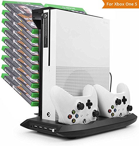 LeSB Xbox One S Vertical Support Ventilateur, Station de Charge Dual Controllers, 18 Rangements Game Storage et Hub USB 4 Ports, Refroidisseur pour votre XBOX ONE S