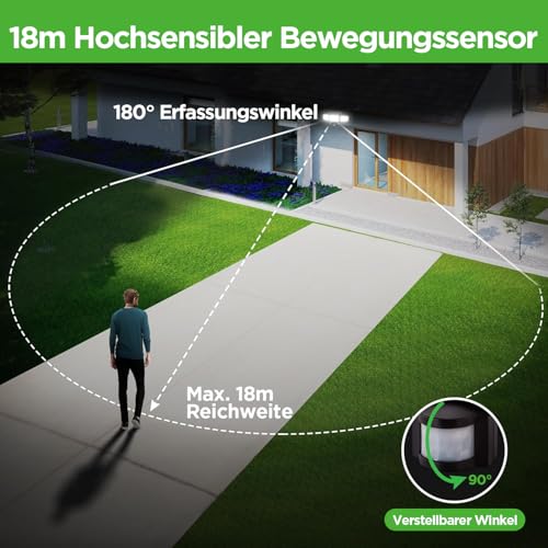 UME Solar-Außenleuchten, 302 LEDs, 1500 lm, wasserdicht, Bewegungsmelder, Außenleuchten, 3 Köpfe… – Ansicht 2