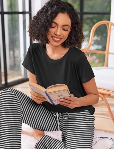 Image of Ekouaer Pajama Sets for Women Round Neck Pjs Short Sleeve Sleepwear with Long Pants Loose Lounge Sets