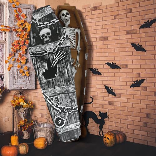 Seenelling 5.5 ft Halloween Coffin Cardboard Halloween Casket Decoration Stand up Skeleton and Chain Scary Fake Casket Props Creepy Haunted House Party Supplies for Outdoor Graveyard Lawn(No Skeleton)