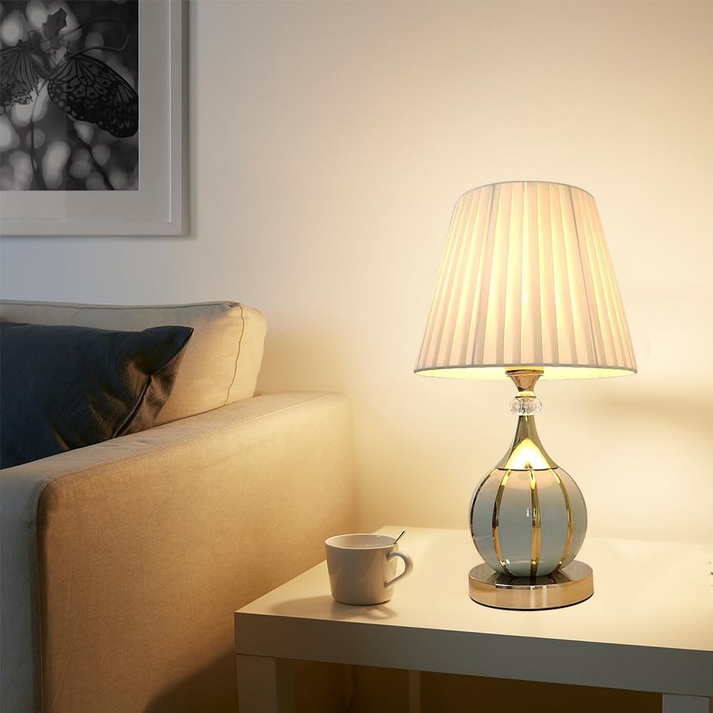 Lámparas Para Mesita De Noche Lámpara De Mesa De Noche De Cerámica, Lámpara De Escritorio De Lujo Moderna E27, Mediterráneo Retro Para Oficina, Sala De Estar Comedor Oro blanco (azul)