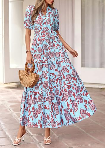 Image of PRETTYGARDEN Women's Summer Boho Floral Maxi Dresses | Bohemian Flower, Short Sleeve V Neck, Fit and Flare, A Line, Flowy Tiered, Belt Pocket, Wedding Guest, Beach Vacation Outfits