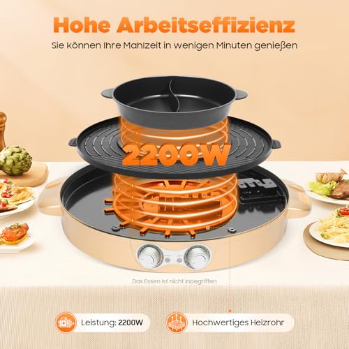 2200W Hot Pot Elektrisch Hotpot Topf 220V Elektrogrill 2 in 1 Multifunktion Elektrische Grill Hot pot mit Abnehmbar Kochplatte, Elektrische Hot Pots für Wohnheim Zuhause (Gold) – Bild 4