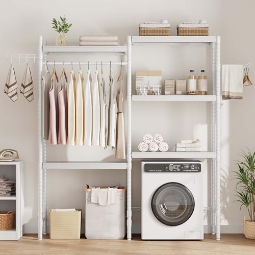 GarveeHome 28" Over-The-Washer Dryer Shelf - 5-Tier Adjustable Laundry Organizer with Double Wood Shelves, Space-Saving Storage for Bathroom, Laundry Room, Balcony, White