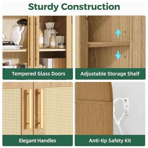 Image of 71 inch Tall Arched Pantry Cabinet with Glass Doors, 5-Tier Modern Kitchen Storage Cabinet, 3 Adjustable Shelves Wooden Pantry Storage Cabinet for Kitchen, Dining Room, Living Room, Oak