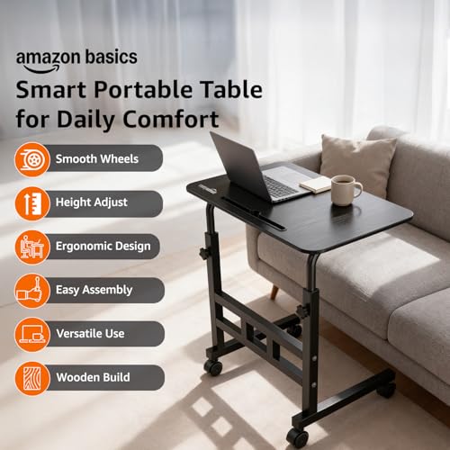 Image of Amazon Basics Adjustable Height Wooden Table with Wheels | Portable Multipurpose Table | Smooth Rolling Wheels | Perfect Posture Adjustment | Trolly Laptop Table (Black)