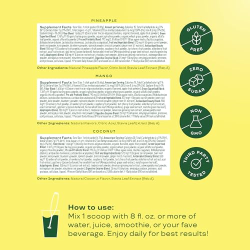 Bloom Nutrition Superfood Greens Powder Stick Packs, Digestive Enzymes with Probiotics and Prebiotics, Gut Health, Bloating Relief for Women, Chlorella, Green Juice Mix, 18 SVG, Tropical Variety - Thumbnail 4