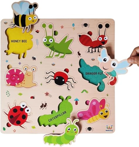 Image of Webby Wooden Insects Montessori Educational Pre-School Puzzle Board Toy For Boys And Girls, Kid
