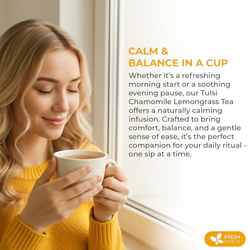 Image of FreshDrinkUS, Premium 75 Tea Bags Tulsi Chamomile Lemongrass Herbal Tea | Blend with Holy Basil, Chamomile Flowers & Lemongrass Leaves - Naturally Caffeine-Free, Soothing Herbal Infusion. Vegan
